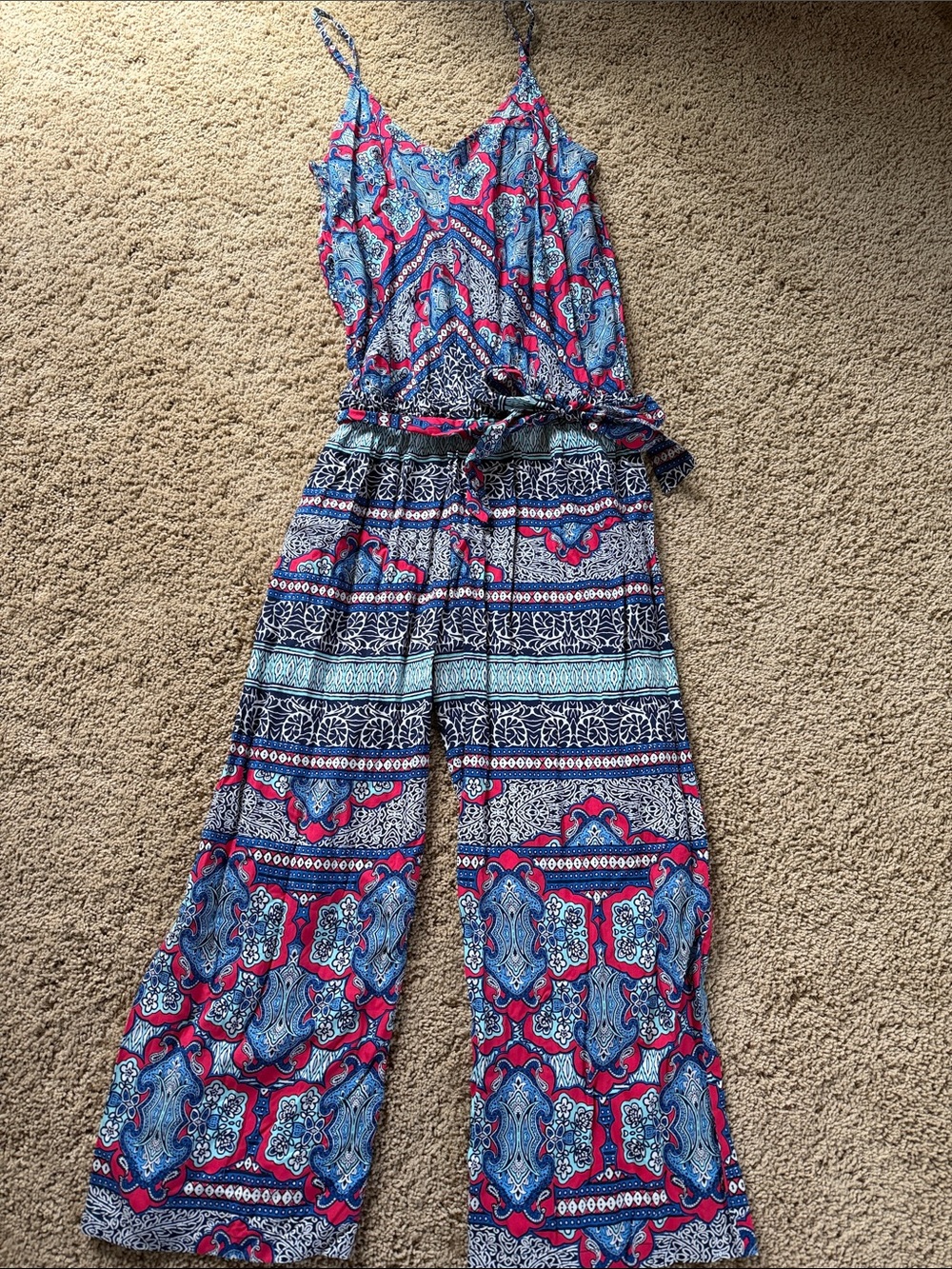 Tommy Bahama Blue and Pink Printed Spaghetti-Strap Jumpsuit